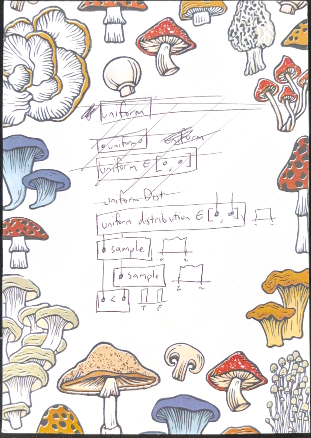 A hand-drawn sketch of a schematic table with probability distributions inline